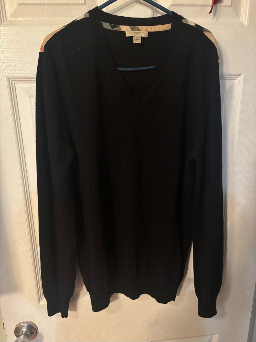 Burberry Men's Black V-Neck Sweater with Check Shoulder Trim